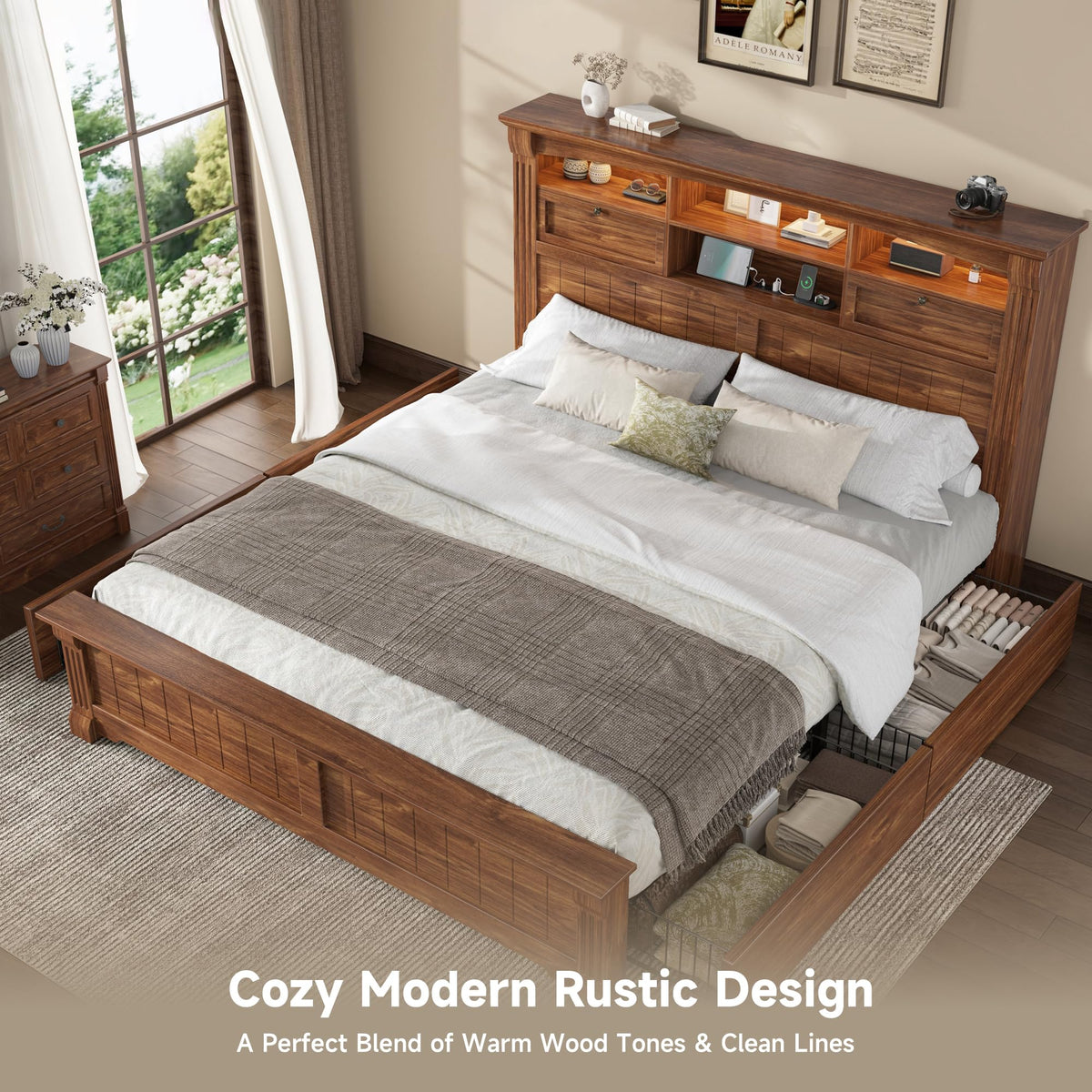 Full Size Bed Frame with Storage Headboard and 4 Drawers N450