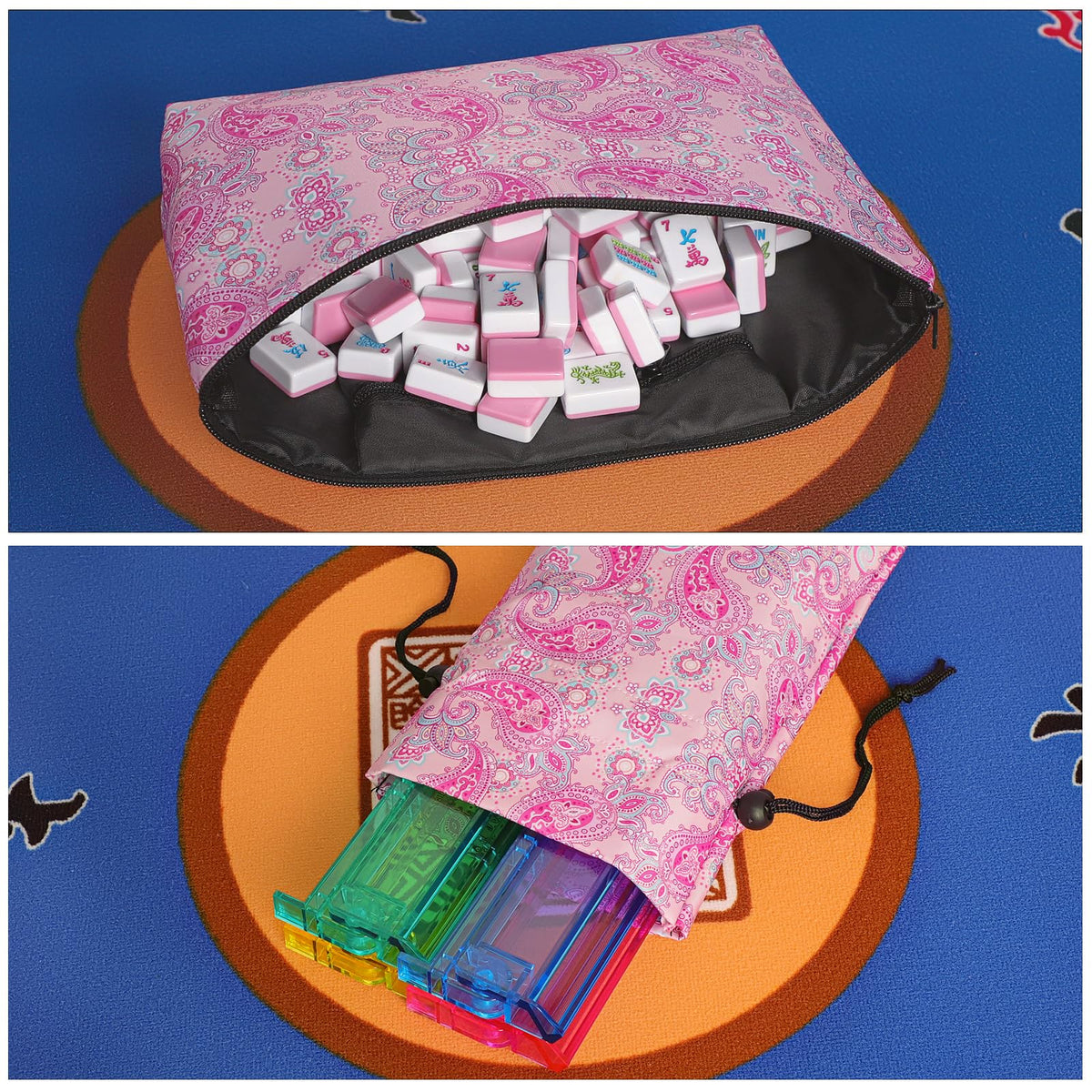 American Mahjong Game Set, 166 Pink Tiles, 4 All-in-One Color Rack/Pushers & Drawstring Bag P2352