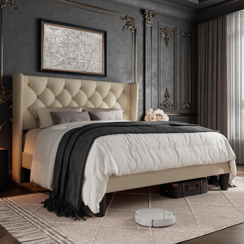 Queen Size Beige Upholstered Platform Bed Frame R331