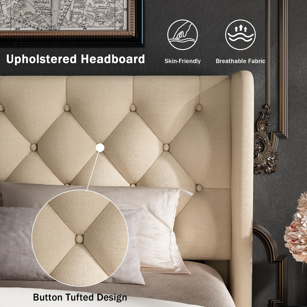 Queen Size Beige Upholstered Platform Bed Frame R331